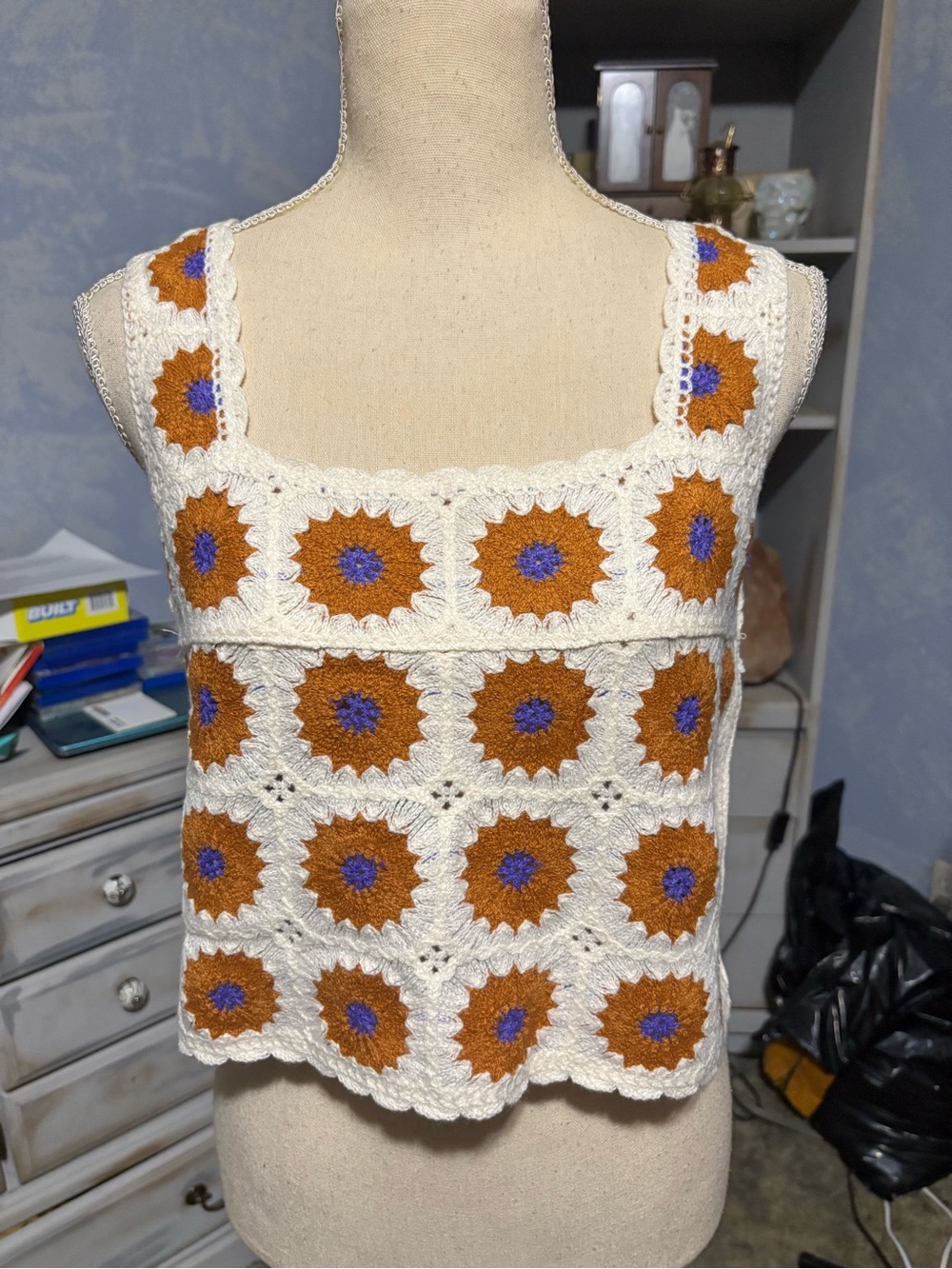 Rebellion Again Crochet Granny Square Tank Top XS Boho Festival Crop top - Picture 2 of 10